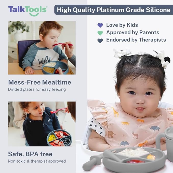 TalkTools Itsy Plate Must-Have Silicone Baby Plates with Suction | Non-Toxic Toddler Feeding Plate | Divided Portion | BPA-Free, Easy-Clean, Travel-Friendly Baby Dishware - Made in USA (Cloud)