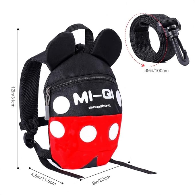 Baby Toddler Leash Baby Leash Backpack Little Kid Boys Girls Anti-Lost Travel Bag Harness Reins Cute Cartoon Backpacks with Safety Leash for Baby Backpack Leash for Toddlers 1-5 Years(Black red)