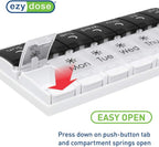 EZY DOSE Push Button (7-Day) Pill Case, Medicine Planner, Vitamin Organizer, 2 Times a Day AM/PM, Removable Trays, Large Compartments, Arthritis Friendly, Spring Open Black and White Lids, BPA Free