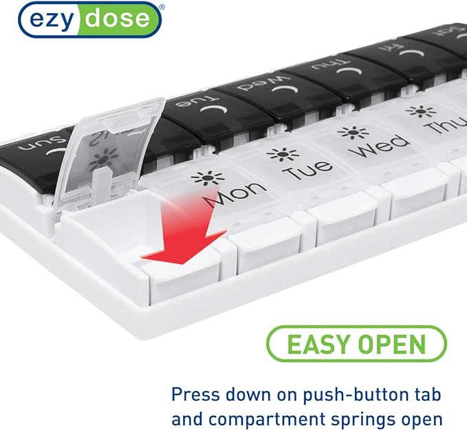 EZY DOSE Push Button (7-Day) Pill Case, Medicine Planner, Vitamin Organizer, 2 Times a Day AM/PM, Removable Trays, Large Compartments, Arthritis Friendly, Spring Open Black and White Lids, BPA Free