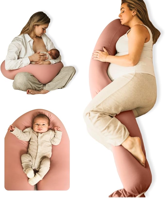Cuddobaby Pregnancy Pillow 5-in-1 【Cooling Cover, Adjustable Firmness】 Patented Lock Design, Turn into O-Shape Nursing Pillow, 5-Point Full Body Support, Maternity Pillow with Travel Bag - Pink