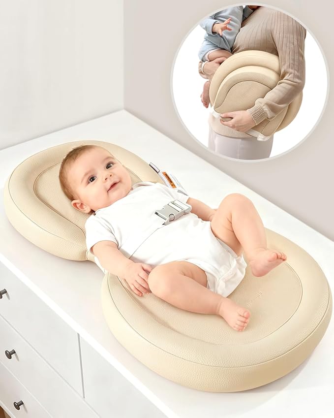 Baby Changing Pad with Waterproof & Wipe-Clean, Non-Slip Foldable PU Diaper Changing Pad, Adjustable Safety Belt, Changing Pad for Dresser, Changing Table,24"X16",Beige