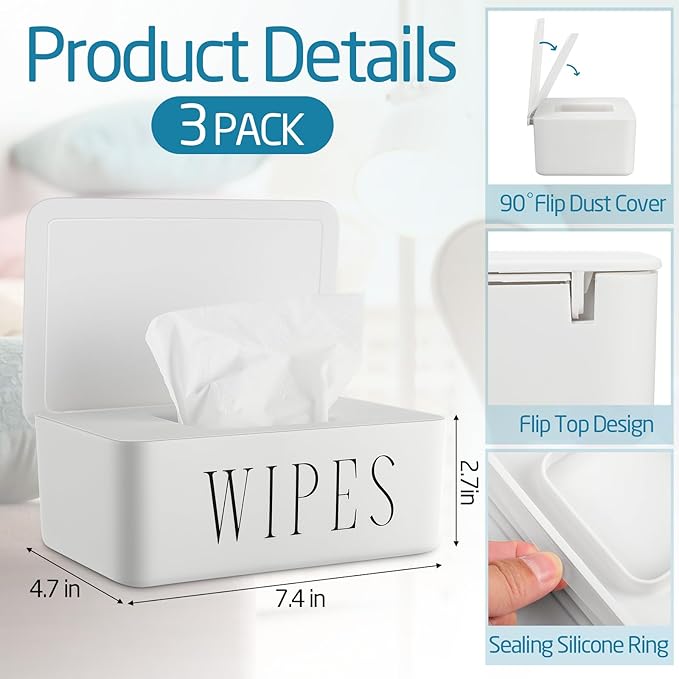 3 Pcs Large Baby Wipes Dispenser Refillable Wipe Holder with Lid Toilet Wipes Container for Bathroom Tissue Paper Storage Box for Home Office Cars (White,Small)