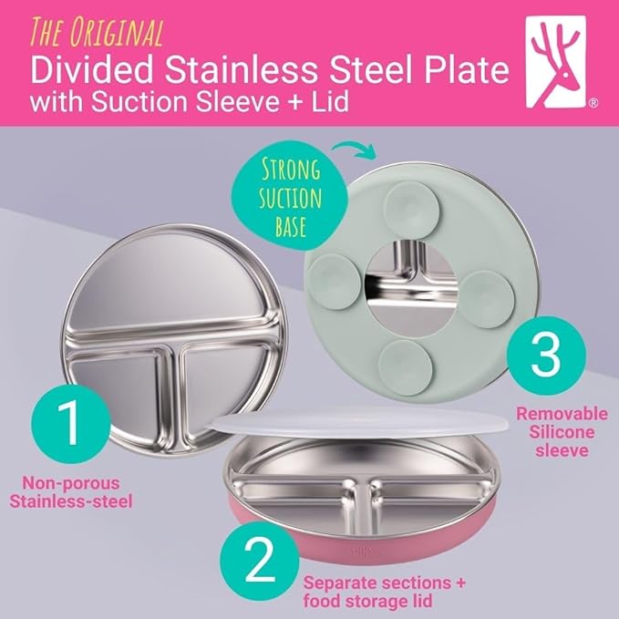 Elk and Friends Stainless Steel Divided Plates with Silicone Sleeve for Babies & Toddlers | Lids Included | Stay Put Suction | Dinner & Snack Plates | 2 Pack