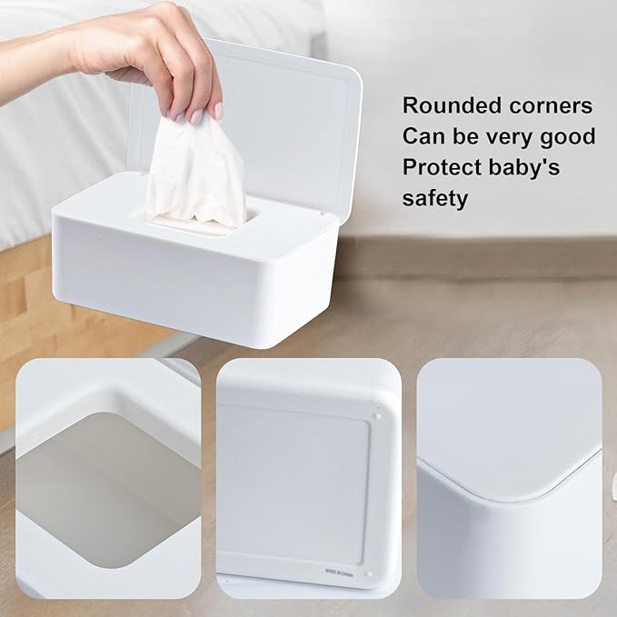 2Pcs Diaper Wipes Dispenser, Refillable Wipe Container, Wipe Container with Sealing Design Lid, Keep Wipes Fresh,Wet Wipes Cases (White and White)