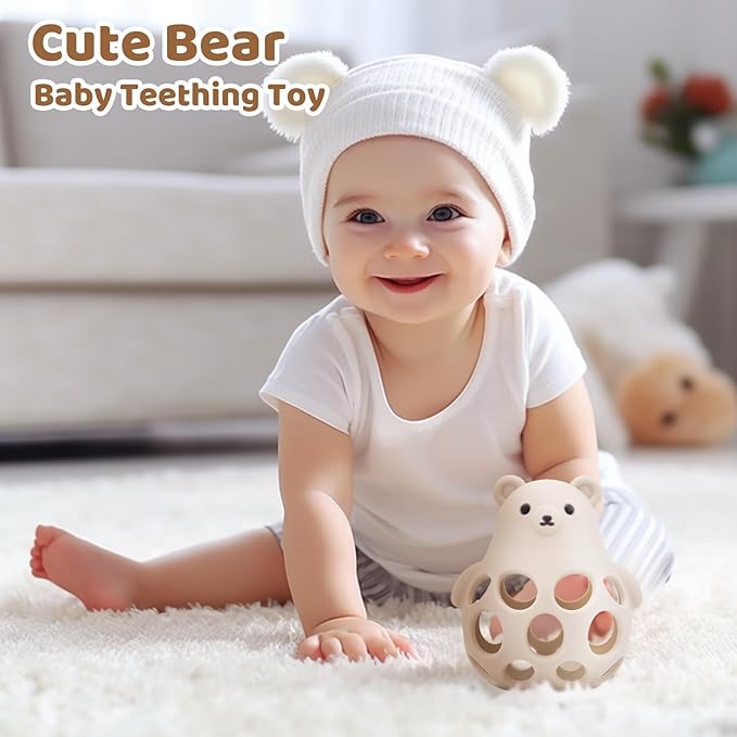 Baby Bear Teething & Stacking Toy Set - Teething Toys Silicone Teethers, Soft Baby Stacker Rings Teether, Learning Toy Gift for Boys and Girls 6+ Months (Pink)