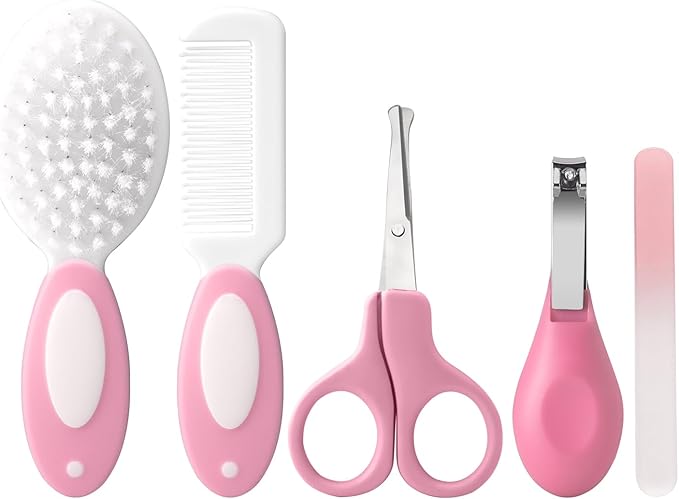 Baby Grooming Kit,Baby Health Care Kit,Baby Brush Soft Bristles 5 pcs Baby Nail Kit Nursery Care Kit Baby Hair Brush Hair Comb Nail Kit Safety Cutter Nail Clipper Set Pink