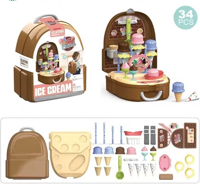 Kids 34-Piece Ice Cream Pretend Playset – Scoop & Serve Dessert Shop Toy with Play Food Accessories, Portable Backpack Storage for Boys & Girls Ages 3+ (Ice Cream)