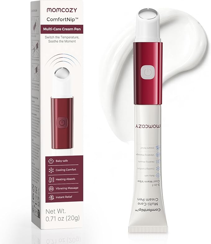 Momcozy ComfortNip™ Multi-Care Nipple Cream Pen, 3-in-1 Heat/Cool/Vibe Rechargeable Portable Nipple Pen with Botanical Nipple Cream, Touch Free 316 Steel Head for Breastfeeding Pain Relief