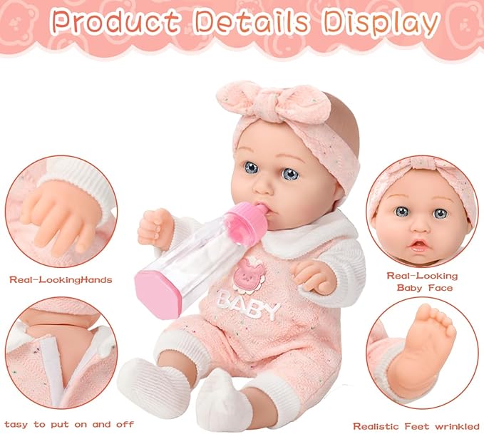 DONTNO 12'' Baby Doll in Gift Box with Pink Bear Pattern Clothes Accessories Playset,Pacifier,Feeding Bottle. Used for Gift Idea for Child Ages 3+