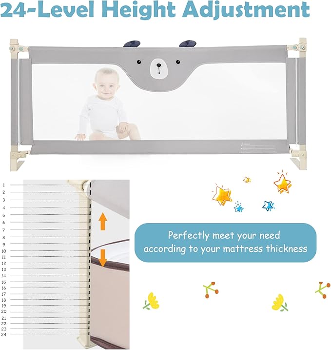 BABY JOY Bed Rail for Toddlers, 69’’ Extra Long, Height Adjustable & Folding Baby Bed Rail Guard w/Breathable Mesh & Double Safety Child Lock for Kids Twin Double Full Size Queen King Mattress (Gray)