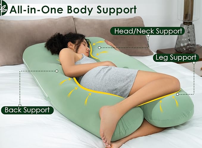 QUEEN ROSE Cooling Pregnancy Pillows, U Shaped Full Body Maternity Pillow for Pregnant Support, Rayon Derived from Bamboo, Buttery Soft, Super Breathable for Hot Sleeper, Green