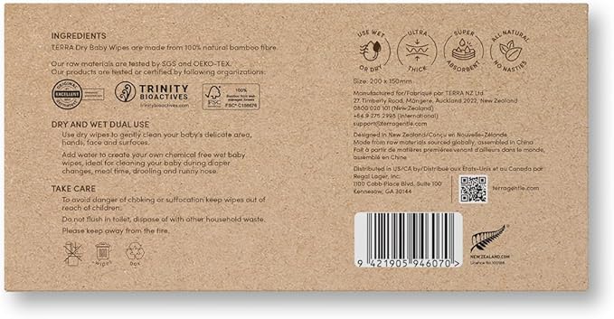Terra Bamboo Dry Baby Wipes: Biodegradable Bamboo Fiber Wipes, Unscented, Sensitive Skin, 1 Pack of 48