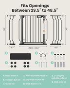 Mom's Choice-GROWNSY Baby Gate for Stairs, 30.5"-48.4" Pressure Mounted Baby Gate for Top of Stair&Doorway with Y-Spindle Rods, Anti-Trip Pedal, Wide Stairs Dog Gate Easy Install w/Red Reminder,Black