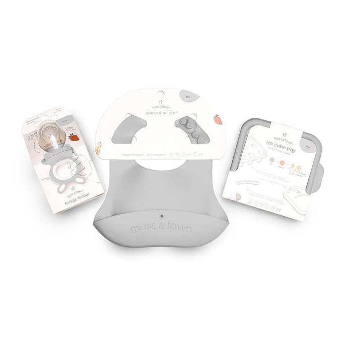 Moss and Fawn Little Explorer Kit - Silicone Frozen Breast Milk Popsicle Kit with Forage Feeder, Teething Popsicle Ice Cube Tray, & Gather & Roll Baby Feeding Bib - BPA, PVC, & Lead-Free - Dew