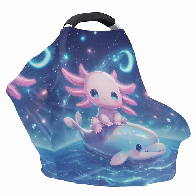Binienty Axolotl Infants Carseat Canopies for Women, Dolphin Animal Print Nursing Breastfeeding Cover Stretchable for Stroller/Shopping Cart