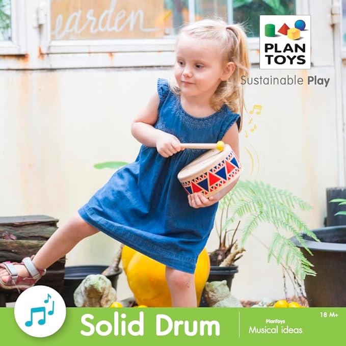 PlanToys® Solid Drum Wooden Musical Toy for Toddlers | Pretend Play Instrument for Kids | Eco-Friendly Percussion Toy for Coordination, Creativity & Early Learning Development