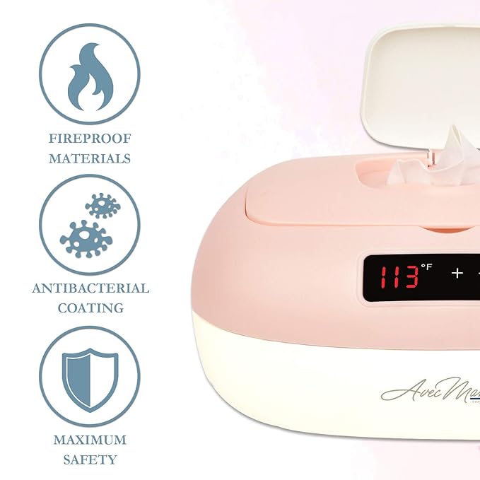 Avec Maman La Caresse Baby Wipe Warmer - Baby Essentials for Girls - Wet Wipe Dispenser - Adjustable Heat Settings Digital Display - Pink - Calentador de Wipes para Bebes - Blue