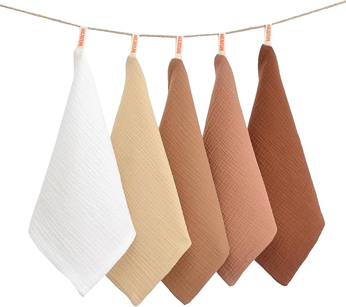 MUKIN Baby Washcloths,Muslin Burp Cloths Towels for Newborns,Absorbent Cotton Bath Face Towel ，5 Pack, 12x12 Inches (Amber Glow)