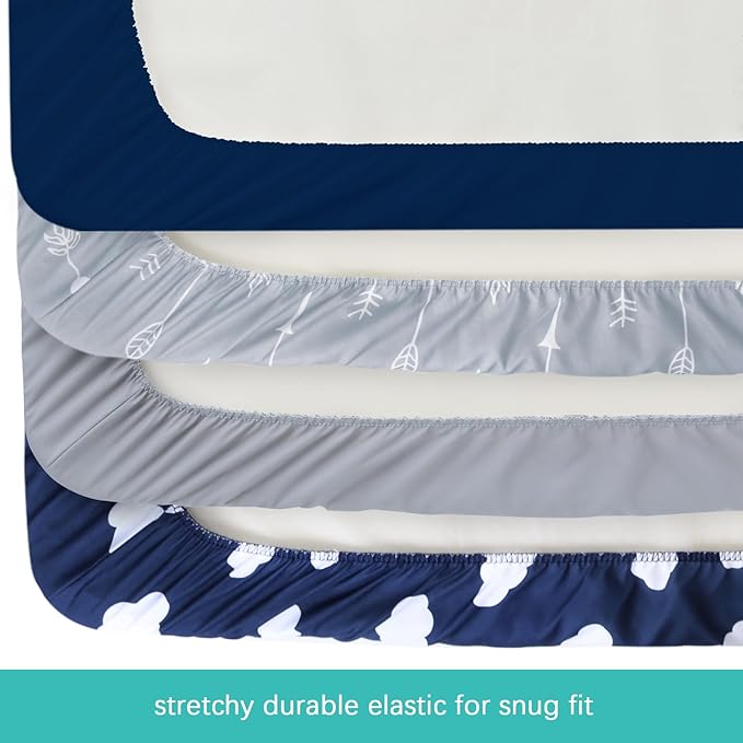 4-Pack Fitted Pack and Play Sheets for Boys and Girls - Breathable, Soft Microfiber Baby Sheets in Grey and Navy