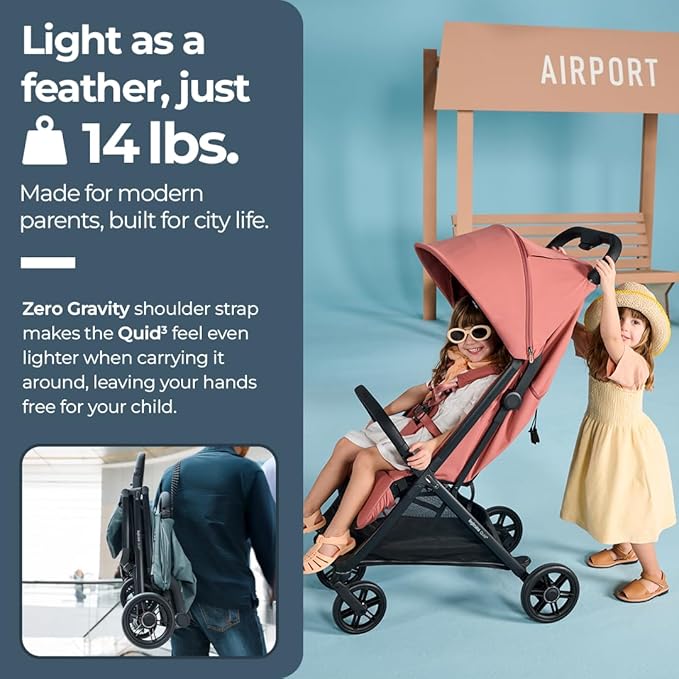 Inglesina Quid³ Stroller, Aurora Pink - Compact Reclining Travel Stroller for Baby & Toddler 0-55 lbs, One Hand fold, Car seat Compatible, Airplane Overhead, Lightweight, Foldable, XL UPF 50+ Canopy