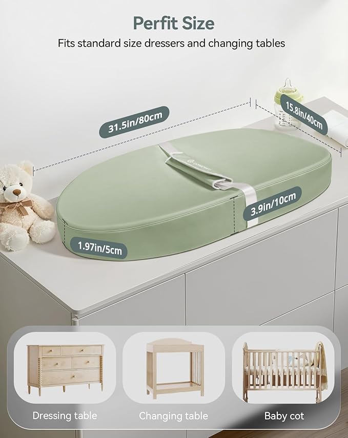 COMOMY Baby Changing Pad with Wipeable & Waterproof PU Cover, Contoured Diaper Changing Pad for Dresser with Non-Slip Safety Belt, Portable and Lightweight, Large Cushioned Foam, Green