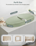 COMOMY Baby Changing Pad with Wipeable & Waterproof PU Cover, Contoured Diaper Changing Pad for Dresser with Non-Slip Safety Belt, Portable and Lightweight, Large Cushioned Foam, Green