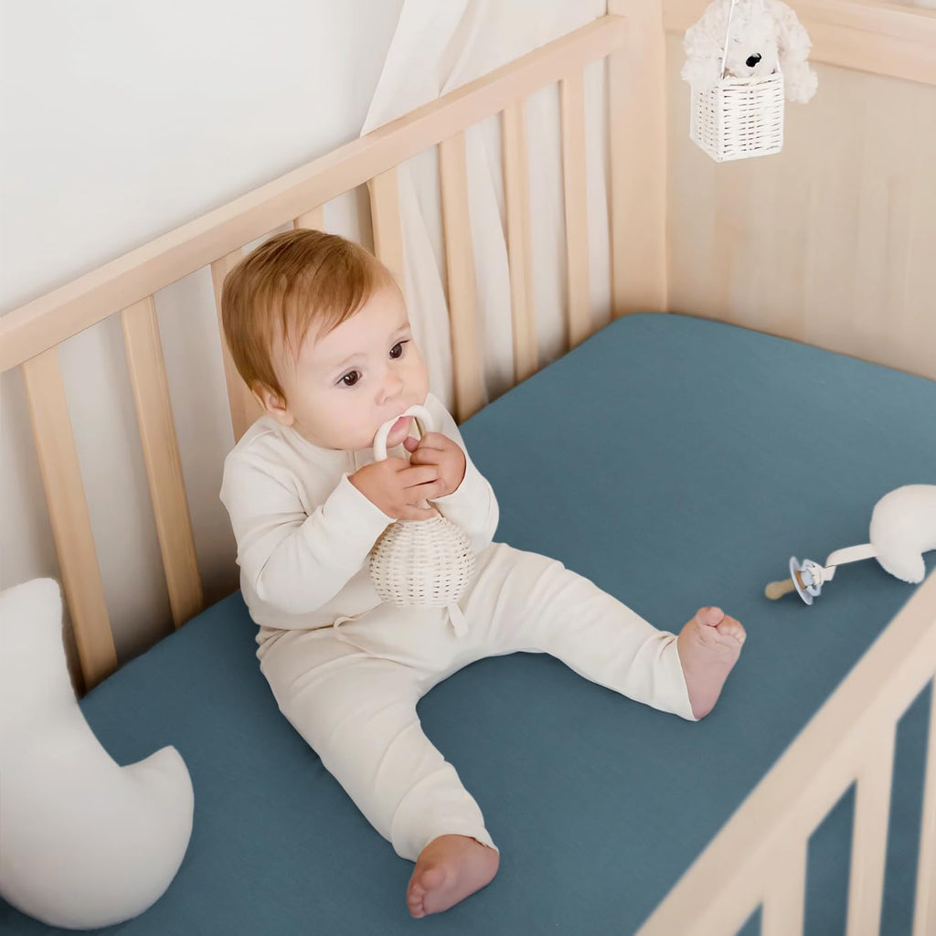 GRSSDER Mini Crib Sheets Fitted, Pack and Play Sheets 2 Pack, Ultra Soft Stretchy Pack N Play Sheets, Universal Fit for Playard Mattress, Jersey Crib Sheets Neutral for Boys and Girls, Blue