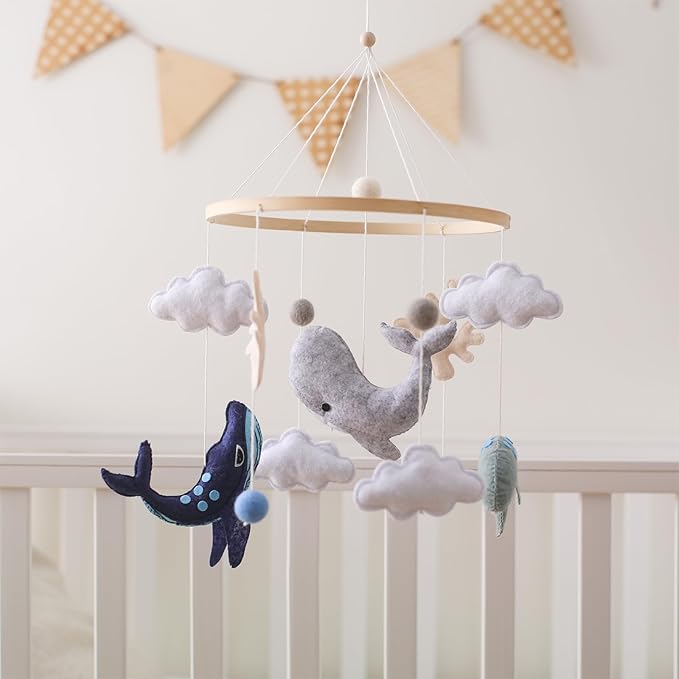 EERKEOD Baby Crib Mobile Ocean Nursery Mobile for Boys Girls Handmade Felt Mobile for Crib Nursery Decor for Infant Bedroom Hanging Baby Mobile for Bassinet Newborn Baby Gift（Whales）