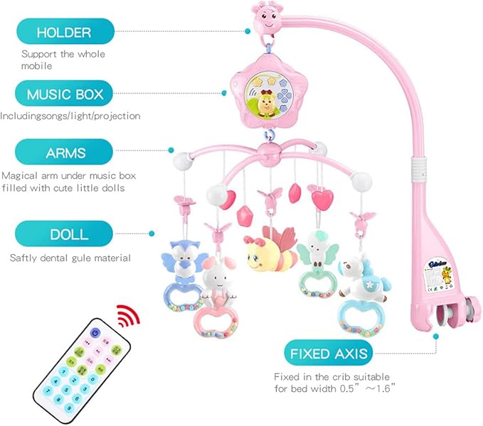 Baby Mobile for Crib with Musicial and Lights, Remote and Projection. Pack and Play Toys for Ages 0+ Months (Pink-Bee)