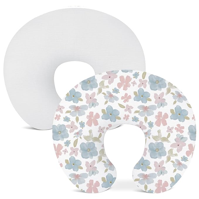 Nursing Pillow Covers 2 Pack, Muslin Nursing Cover for Breastfeeding Pillows, Comfortable for Baby Girls and Boys Covers (Flower-C & White)