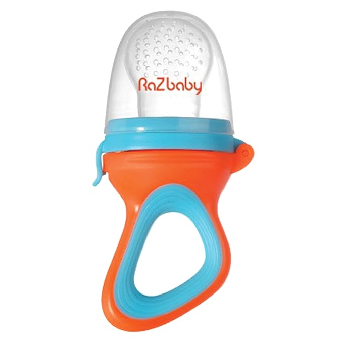 RaZbaby Baby Solids/Frozen Fruit Feeder Pacifier, Infant Teether Toy 6M+, BPA-Free Silicone Pouch & Nipple, Safely Introduce Solids, Natural Teething Relief, Dishwasher Safe, Freezable – Orange/Blue