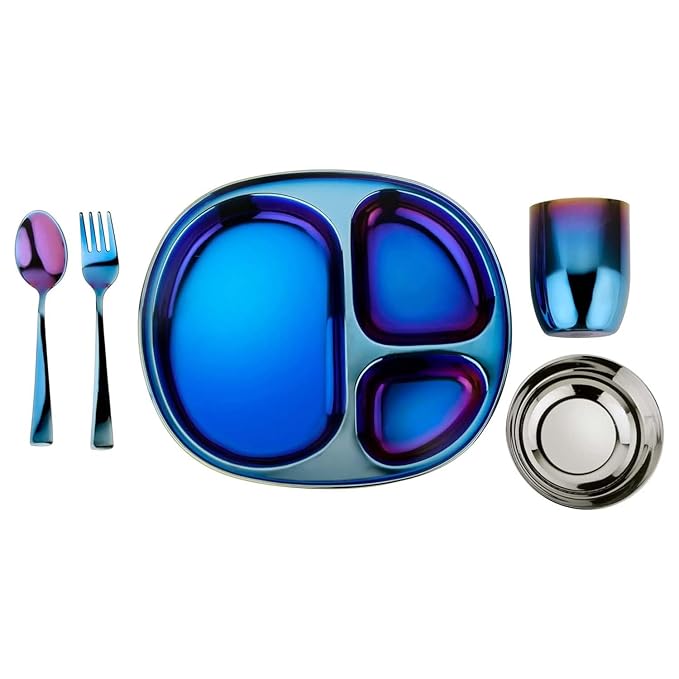Ahimsa Stainless Steel Kids Dinnerware Set - 5 Piece Stainless Steel Toddler Plates and Bowls Set, Pediatrician Designed, Plastic Free Toddler Plate and Bowl, Kids Utensils and Cup (Blue)