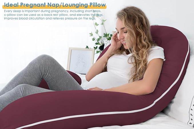 INSEN Pregnancy Pillow, Maternity Body Pillow with Velvet Cover, C Shaped for Side Sleeping (Cooling Tencel-Red Plum)