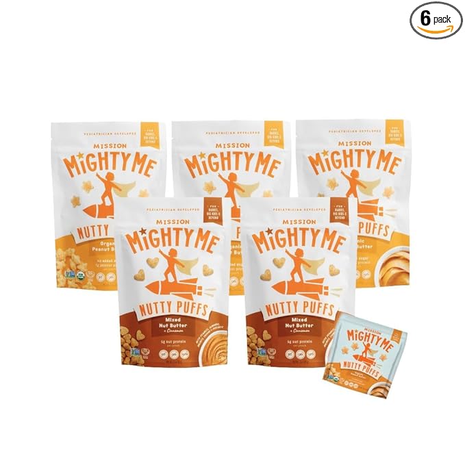 Mission Mighty Me Nutty Puffs Peanut + Mixed Nut Butter Variety for Babies + Kids – Plant-Based, Gluten-Free, Pediatrician Developed (Peanut, Mixed Nut, and Bonus Sample)