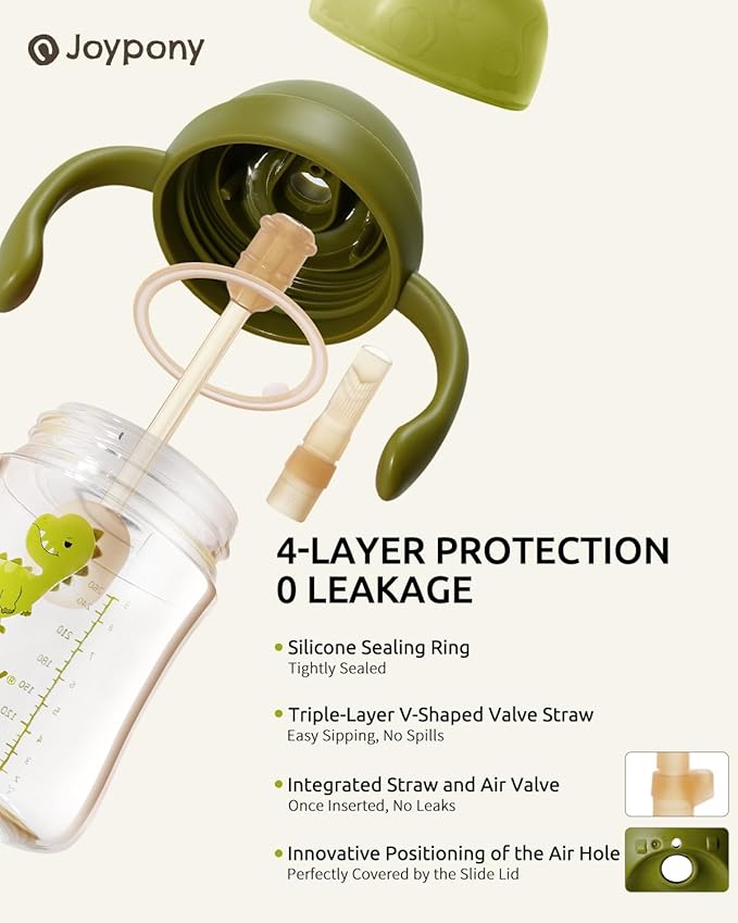 Sippy Cups for Toddlers 1-3, Spill Proof Weighted Straw Cup with Handle for Baby 6 Months + old, 2 Pack, Total 4 Silicone Straws, PPSU, BPA Free, 9 oz (Green)