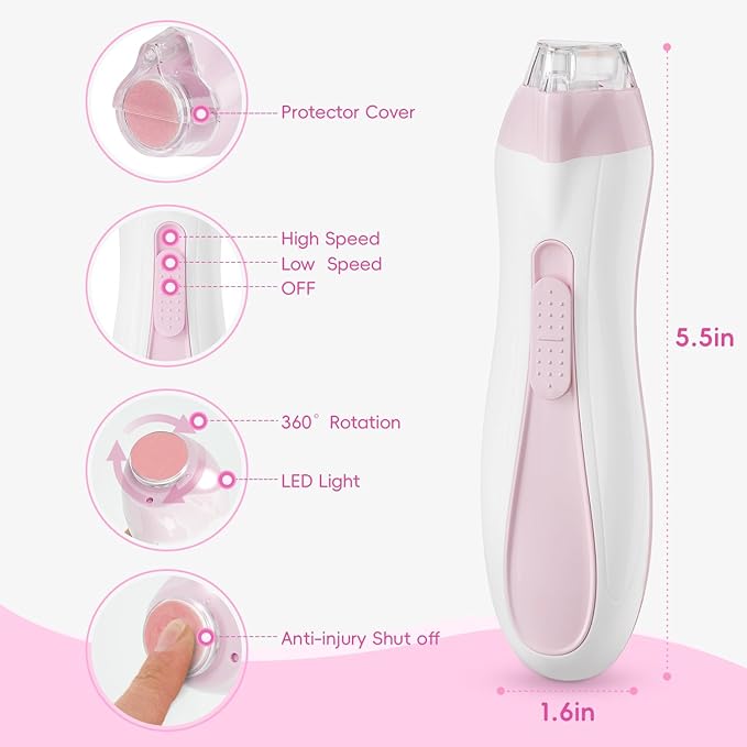 Baby Nail Trimmer Electric, 15 in 1 Baby Nail Clippers for Gentle Nail Care, Rechargeable Baby Nail File Electric with Light &15 Grinding Pads for Infant Toddler, Pink