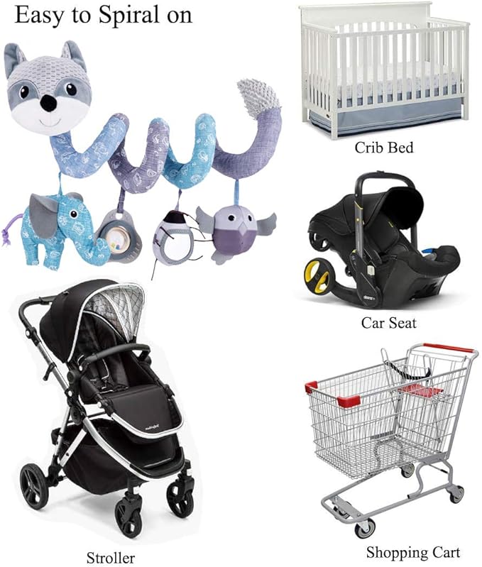 Car Seat Toys, Baby Plush Spiral Hanging Toys for Stroller Crib Bar Bassinet Car Seat Mobile with Musical Owl BB Squeaker Elephant- Gray Fox