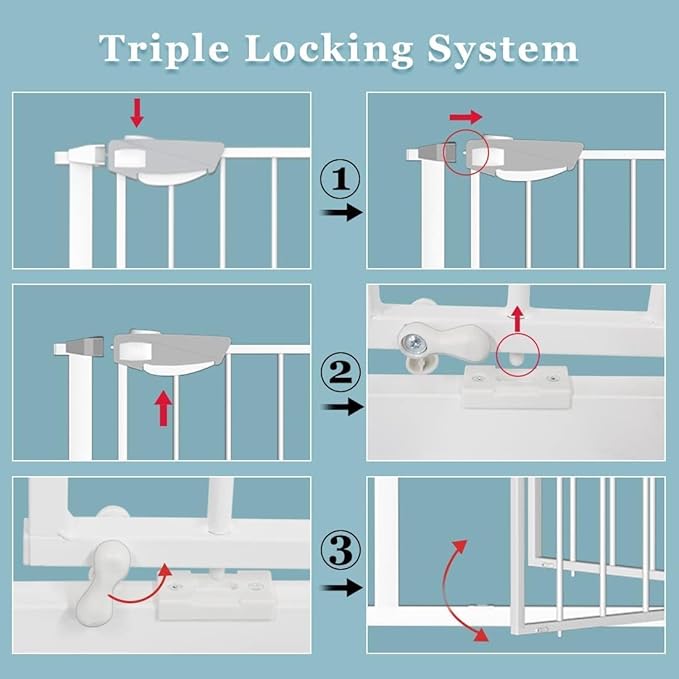 WAOWAO Triple Lock 49.21-66.54" Baby Gate Extra Wide Pressure Mounted Walk Through Swing Auto Close Safety White Metal Dog Pet Puppy for Stairs,Doorways,Kitchen