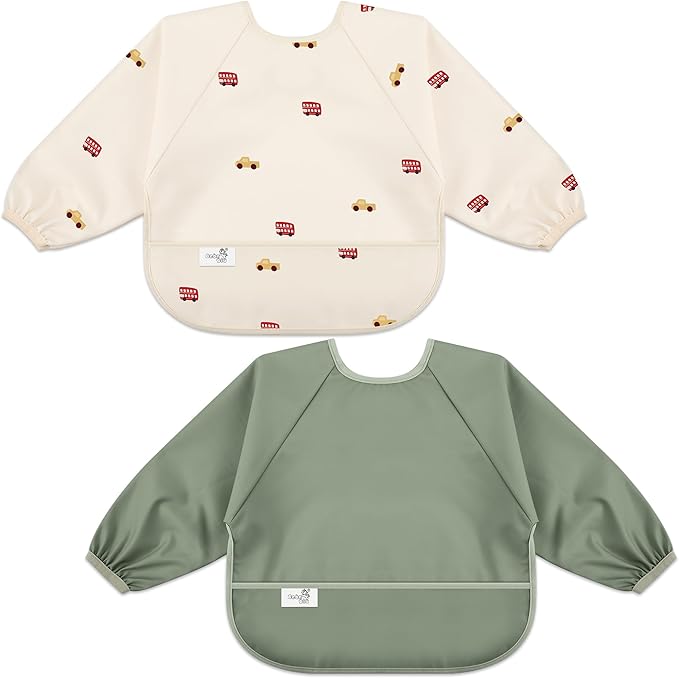 Long Sleeve Baby Bib, Waterproof Fabric, Catch-All Pocket, Baby Smock Bib, Adjustable Sleeves
