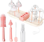 Portable Baby Bottle Brush Set - 7 in 1 Baby Bottle Cleaner Kit, Baby Travel Essential Bottle Washing Kit with Silicone Bottle Brush, Nipple Brush, Straw Brush, Drying Rack for Home and Travel (Pink)