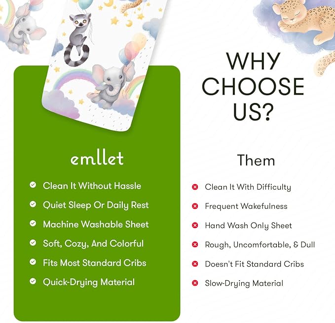 100% Cotton Fitted Crib Sheet, Rainbow Safari Animals Design, Sleepy Jaguar Elephant Lemur Pattern, Fits Standard 52 x 28 in Crib Mattress