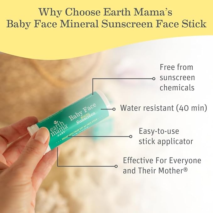Earth Mama Baby Face Mineral Sunscreen Stick SPF 40 | Non-Nano Zinc, Natural Water Resistant Sun Cream for Babies, Kids & Adults 0.74-Ounce, 3-Pack