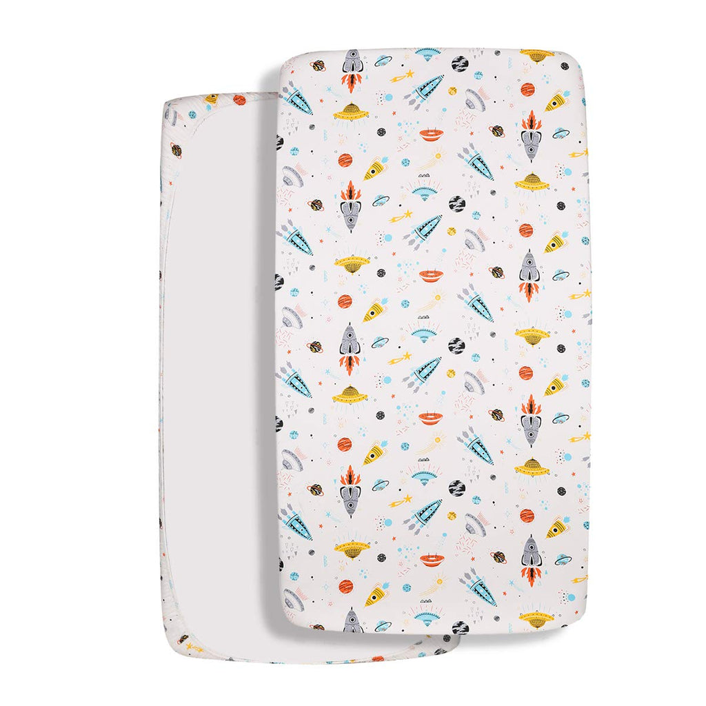 Astronaut Space Galaxy Baby Crib Sheet Outerspace Adventures 100% Soft Breathable Microfiber Baby Sheet Fits Standard Size Crib Mattress 28in x 52in Nursery Sheet -by UOMNY