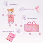 OUOZZZ 10" Soft Baby Doll Set with Plush Doll, Bassinet, Blanket and Bottle, Baby Doll Accessories Pretend Playset Emotional Social Doll for 2 Year Olds Girls Christmas Birthday Gift