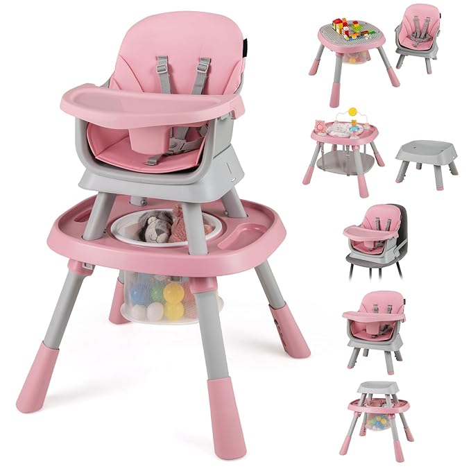 HONEY JOY 16-in-1 Baby High Chair, Convertible Highchair for Babies and Toddlers/Booster Seat/Activity Center with Toys, Building Block Table & Stool, Safety Harness, Removable Cushion & Tray (Pink)