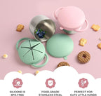 2 Pack Snack Cups for Toddlers Spill Proof - Detachable Stainless Steel Toddler Snack Cups with Silicone Lids & Handles - Dishwasher Safe Baby Snack Containers for Mess-Free Snacking (Green and Pink)
