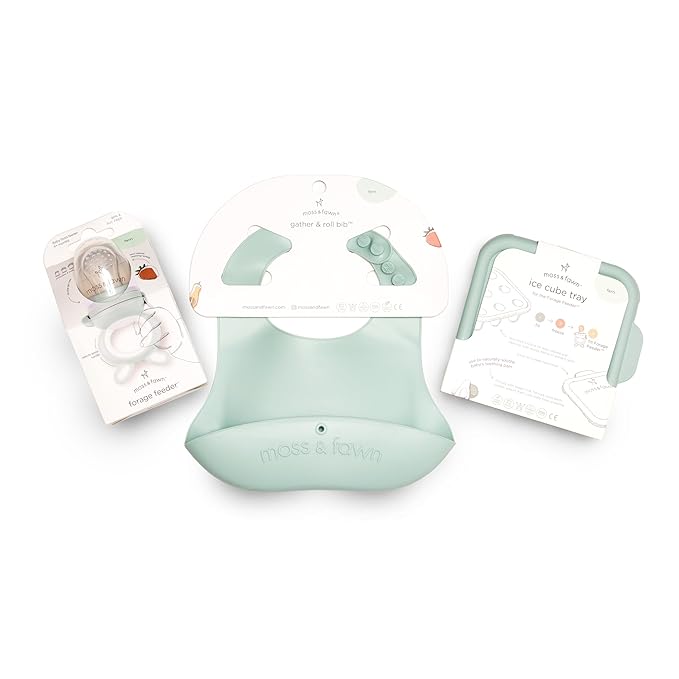 Moss and Fawn Little Explorer Kit - Silicone Frozen Breast Milk Popsicle Kit with Forage Feeder, Teething Popsicle Ice Cube Tray, & Gather & Roll Baby Feeding Bib - BPA, PVC, & Lead-Free - Fern
