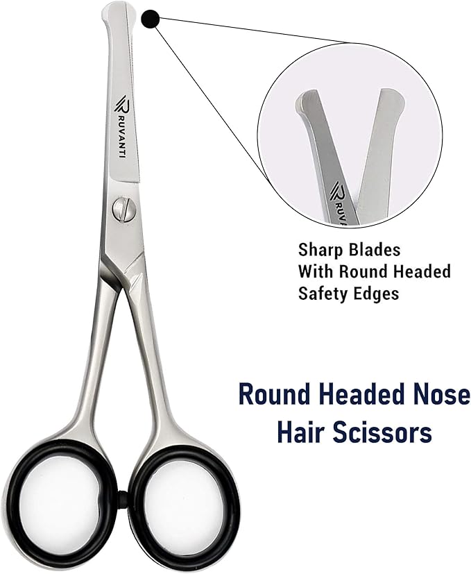 Ruvanti 5.2" Kids Hair Cutting Scissors - Safety Rounded Tip Barber Shears for Children, Infants & Facial Hair Trimming - Sharp Stainless Steel Blades, Ergonomic Grip - Ideal for Home & Salon Use