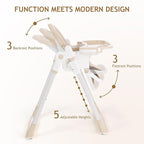 3 in 1 Baby High Chair with Wheels, Adjustable 5 Point Harness, Tray, Foot Rest, Backrest and Seat Height, Foldable High Chair for Toddlers, Beige